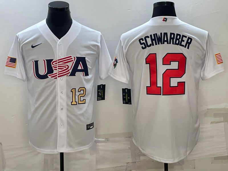 Men 2023 World Cub USA #12 Schwarber White Nike MLB Jersey3